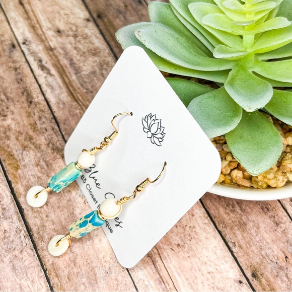 Aqua Imperial Jasper And Natural Wood Drop Earrings - Picture 3 of 8